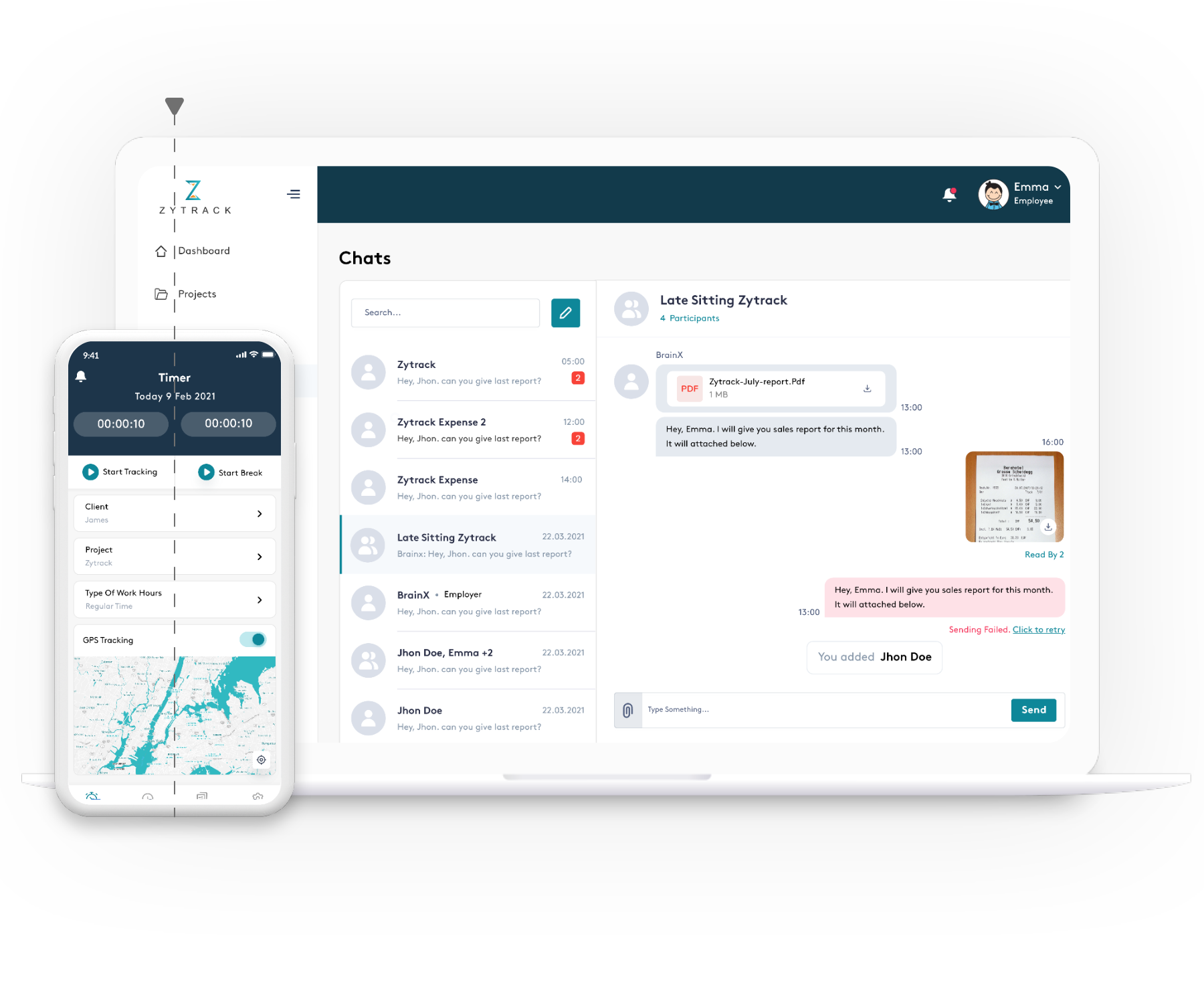 Laptop and mobile app mockups showcasing UIUX design services for a time tracking product
