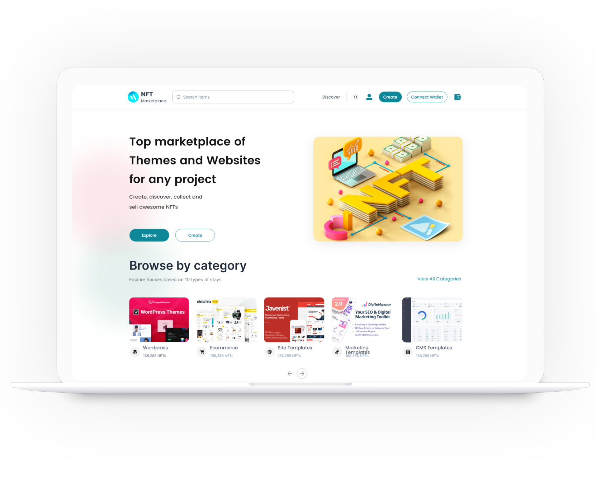 Laptop mockup showing an NFT marketplace interface for blockchain development services