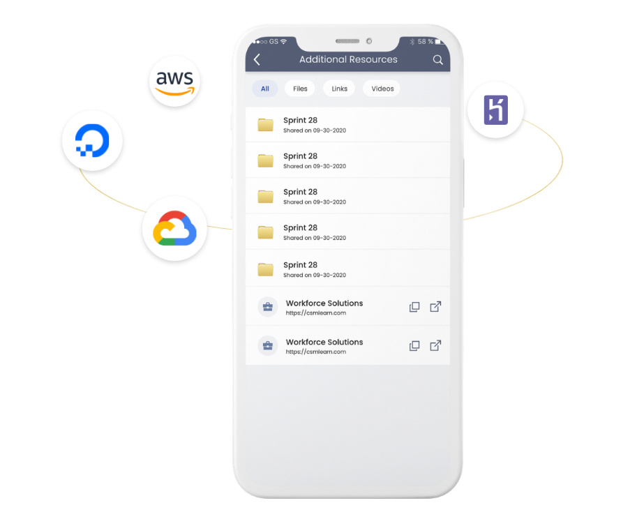 Mobile app screen with cloud platform icons representing DevOps services and resource management