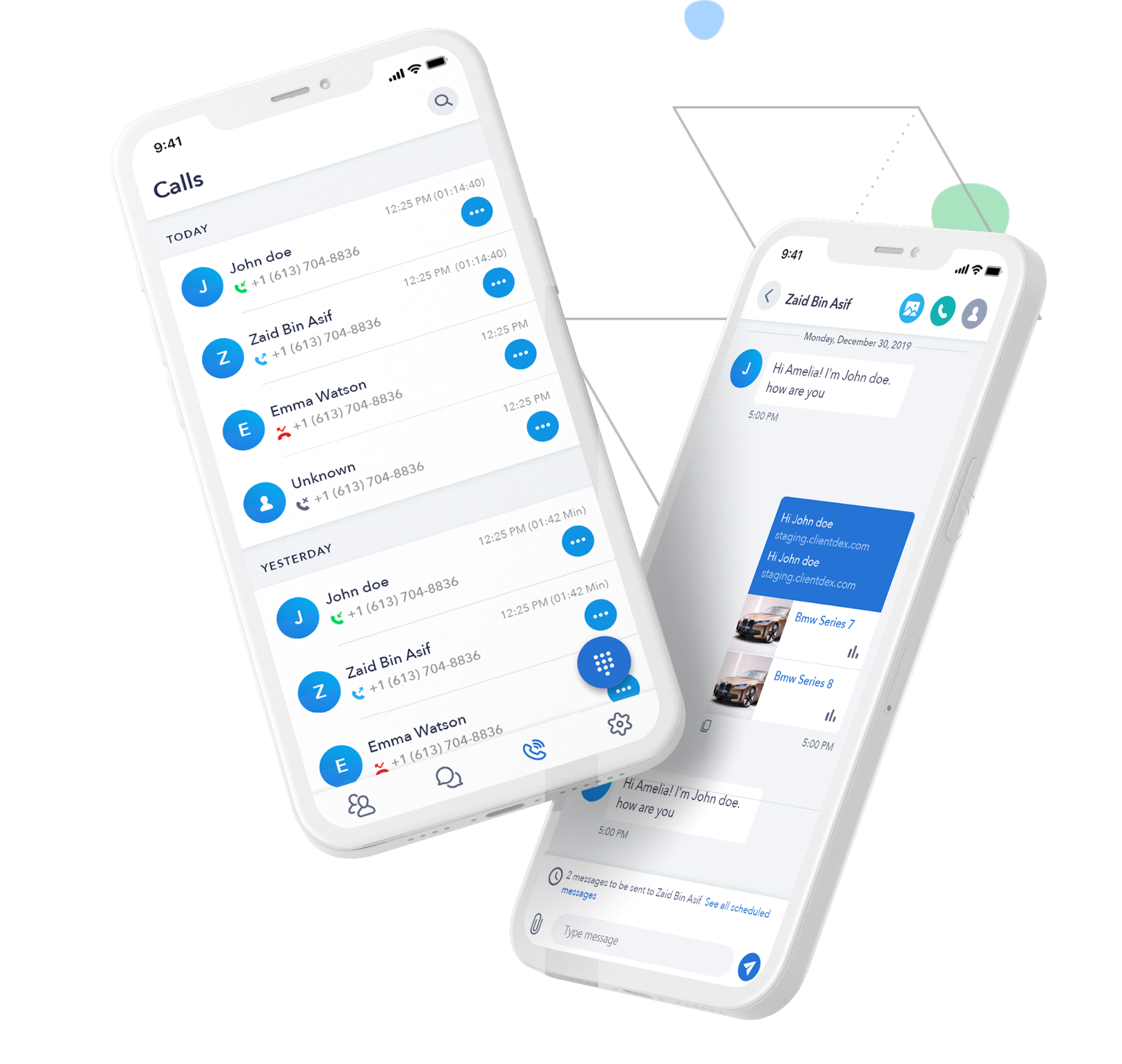 Mobile app screens showing call log and chat interface for mobile app development service