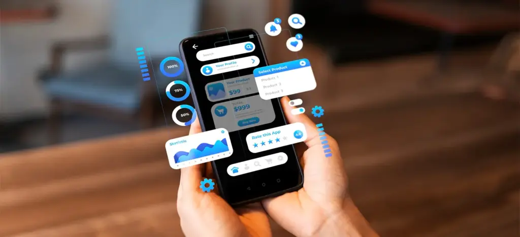 Person using smartphone app interface with analytics and product dashboard, mobile apps for business growth.