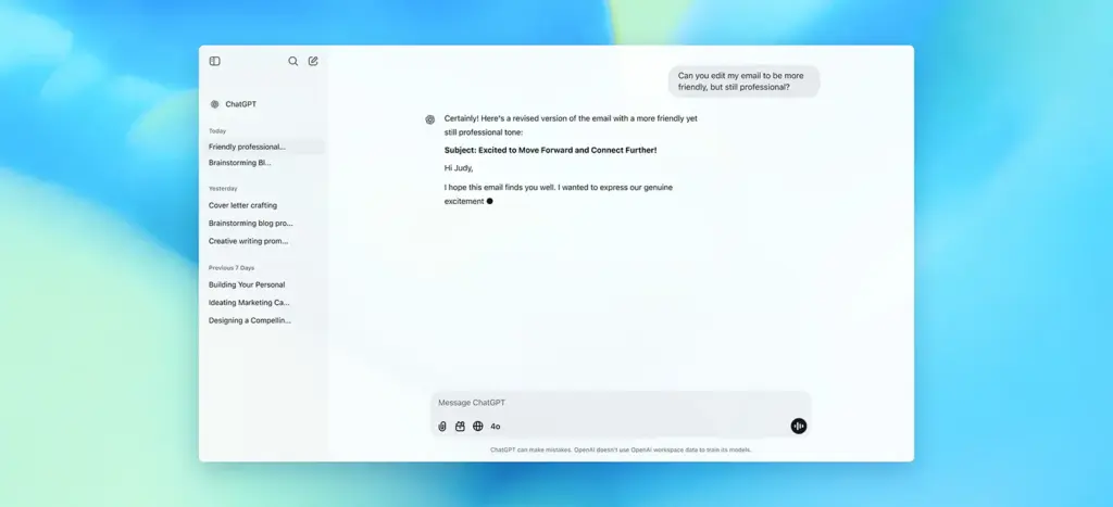 ChatGPT interface showing conversation window for AI assistant features.