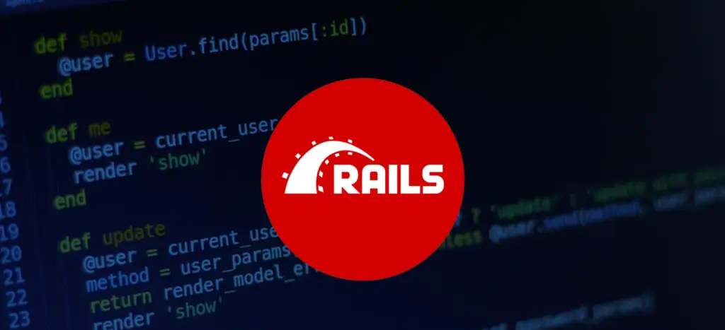 Ruby on Rails logo over code editor background representing web app development framework.