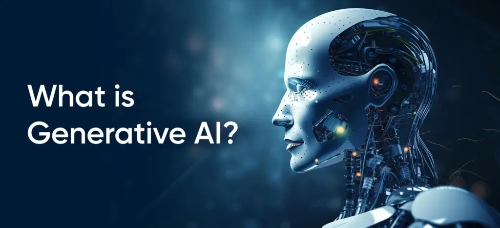 Futuristic robot head symbolizing generative AI technology for business innovation.