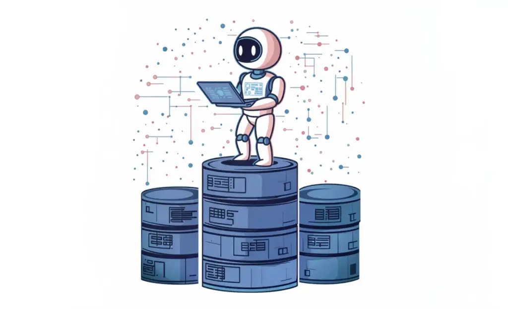AI robot analyzing enterprise data on stacked servers, representing AI tools for enterprise data processing.