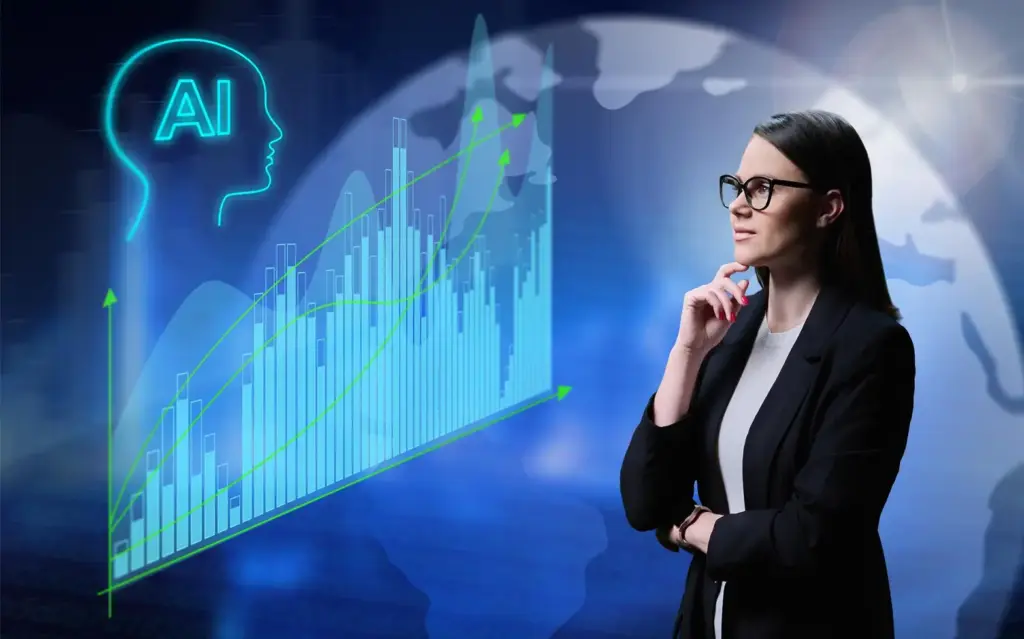 Business leader analyzing AI-driven data insights representing generative AI transforming industries.