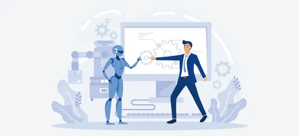Business leader shaking hands with AI robot to symbolize generative AI collaboration.