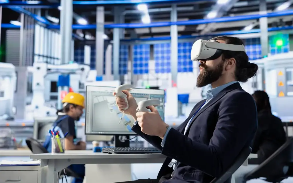 Business professional using VR headset in smart factory showing how generative AI is reshaping industries.