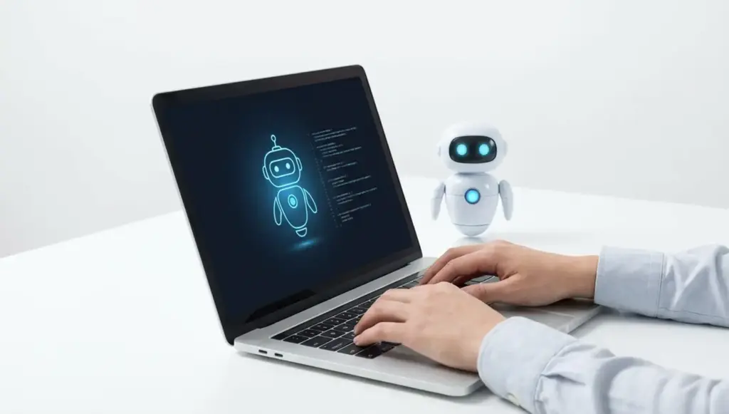 Person using laptop with AI chatbot interface while a small robot assistant sits nearby, showing modern AI chatbots for business growth.