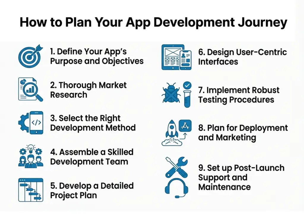 Steps to plan your app development journey in 2025, covering research, UI/UX, testing, deployment, and maintenance.