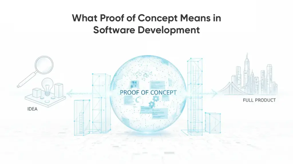 Proof of Concept in software development showing idea validation before prototype, MVP, and full product development.