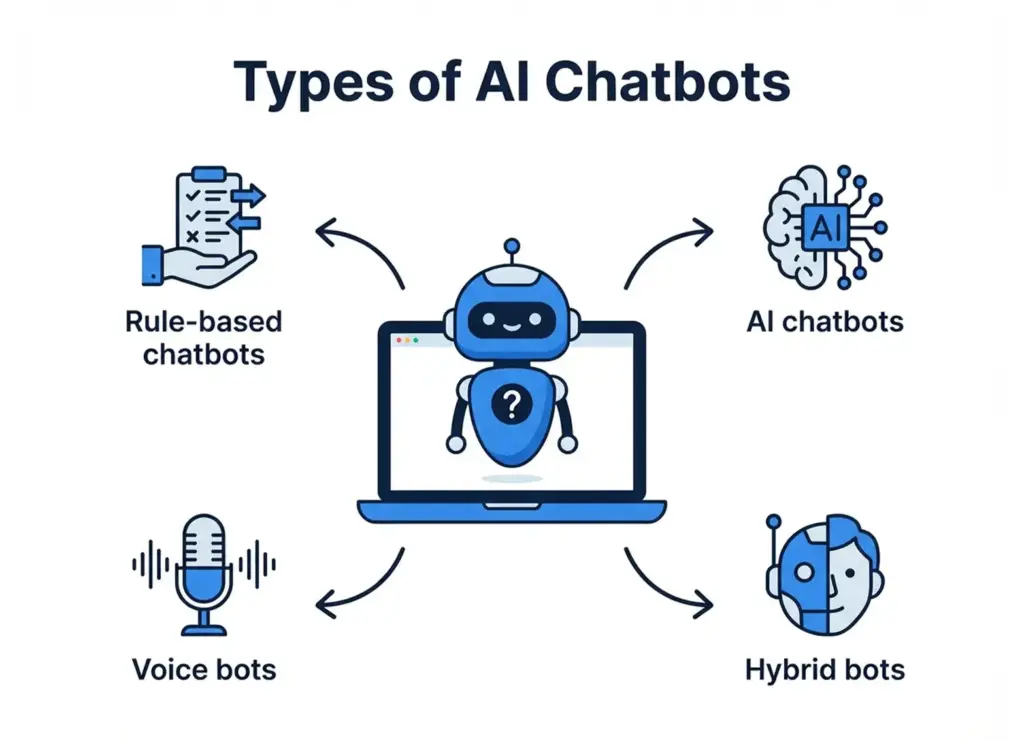 Types of AI chatbots including rule-based, AI, voice, and hybrid bots shown around a central chatbot illustration.