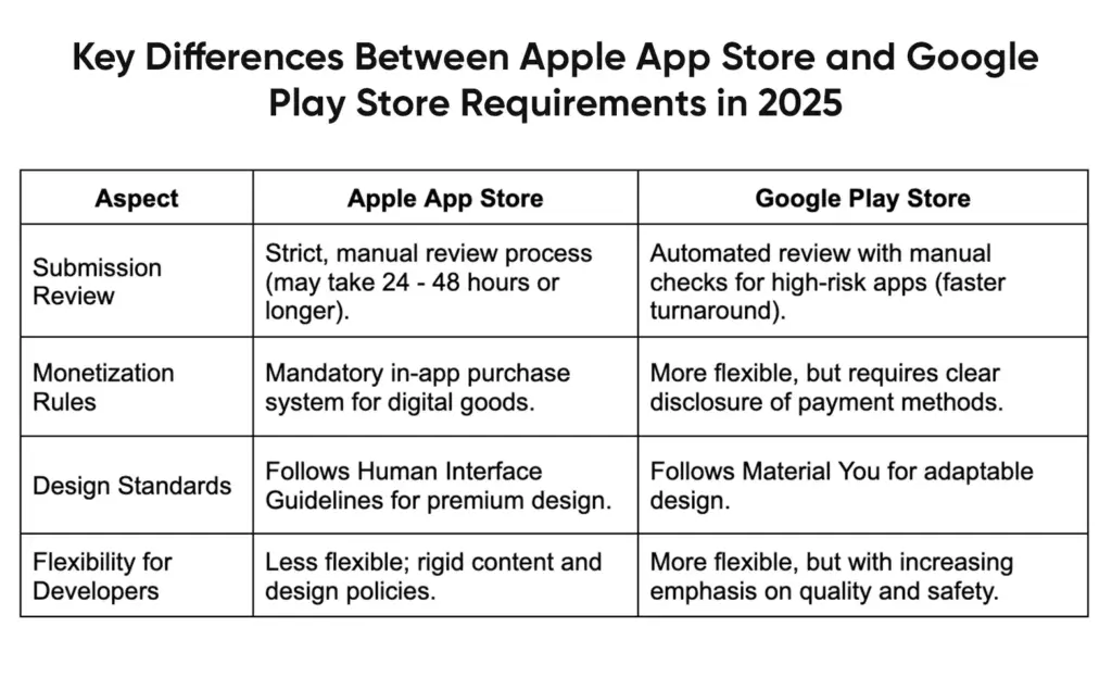 Comparison table of Apple App Store vs Google Play Store requirements for mobile app development in 2025.