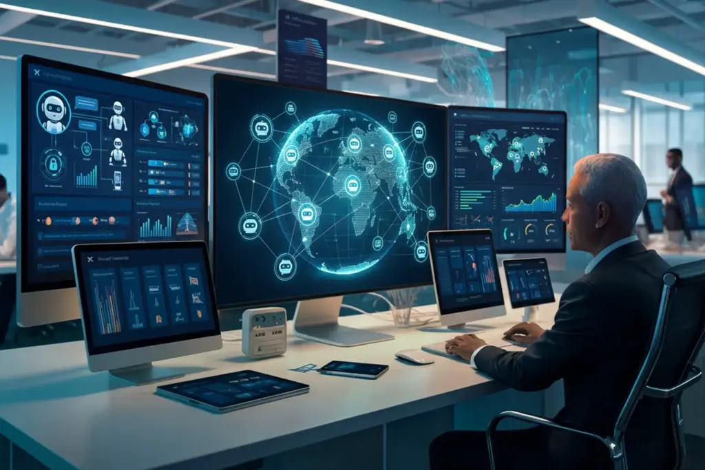 Enterprise AI chatbot development dashboard showing scalable architecture, NLP analytics, and real-time customer interactions.