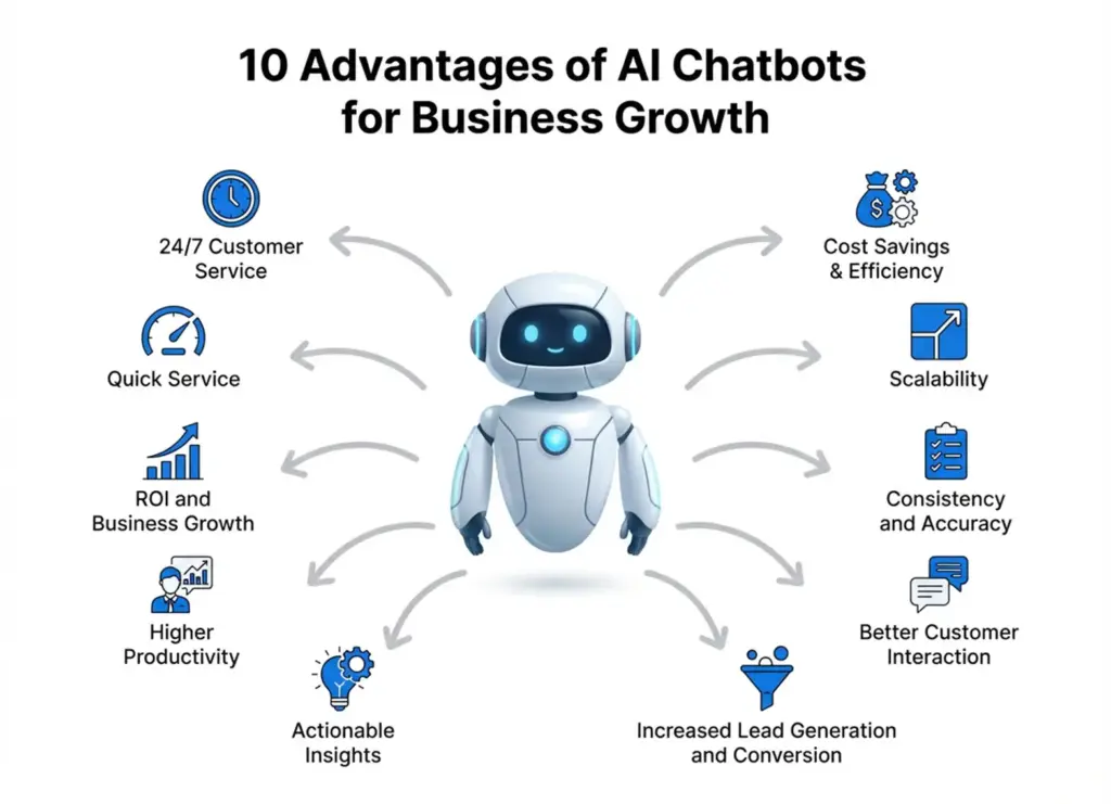 AI chatbots for business showing key benefits like 24/7 support, scalability, cost savings, and increased lead generation.
