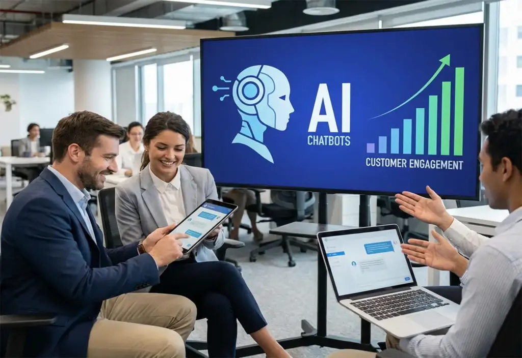 Team discussing AI chatbots and rising customer engagement metrics in a modern office setting.