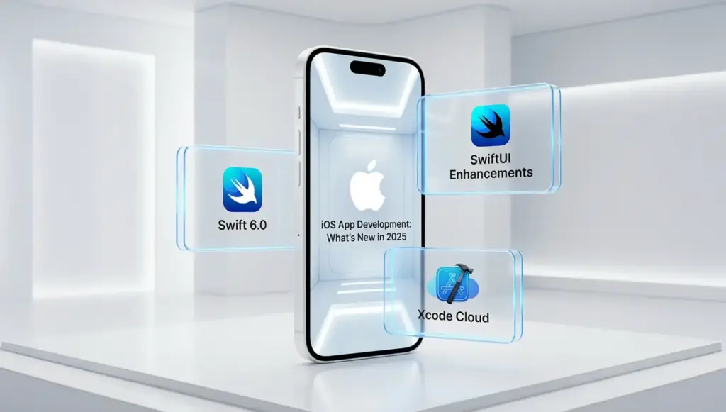iOS app development tools in 2025 shown with Swift 6.0, SwiftUI enhancements, and Xcode Cloud around an iPhone.