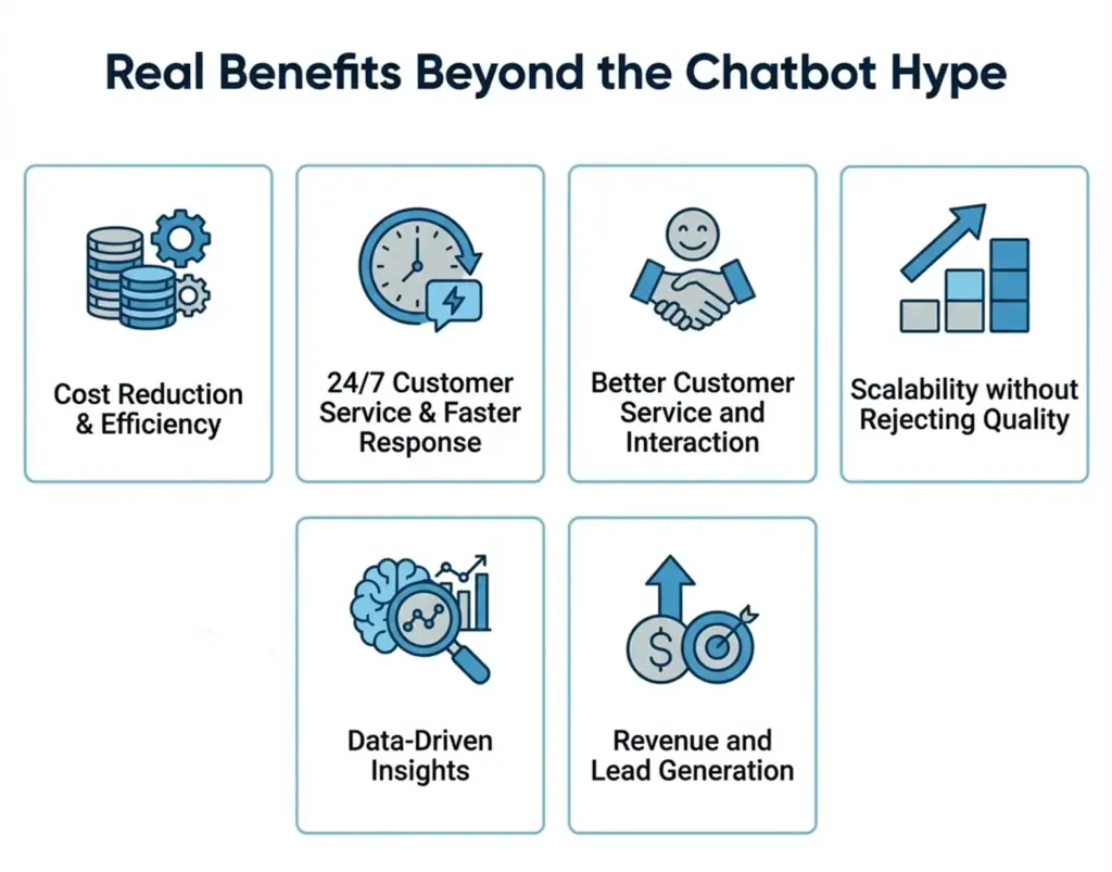Enterprise AI chatbot benefits showing cost reduction, 24/7 support, scalability, data insights, and revenue growth.