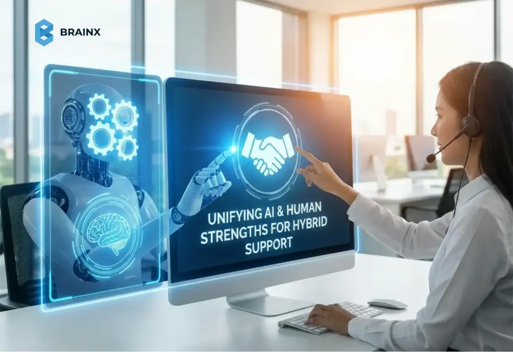 AI chatbot and human agent collaborating on hybrid customer support with unified AI and human strengths to improve CSAT.