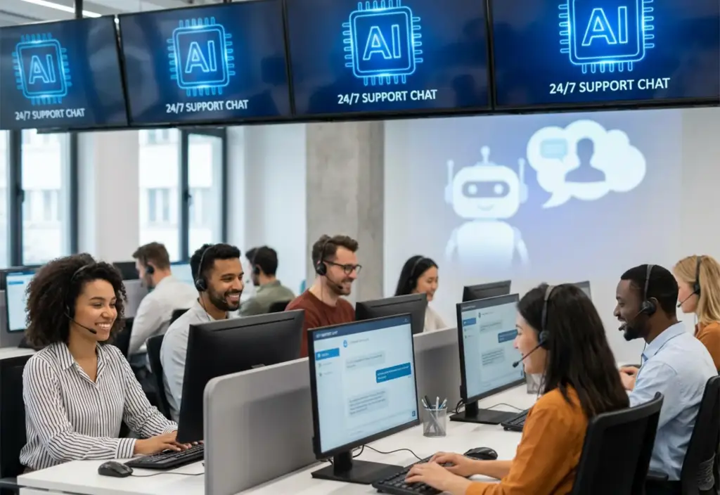 AI-powered customer support team using chatbot technology for 24/7 business service and engagement.