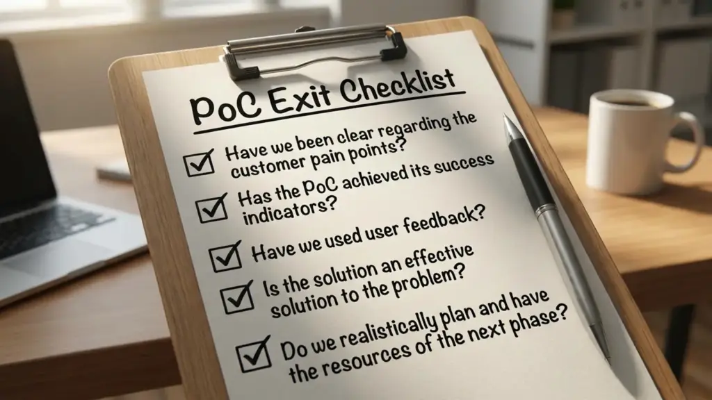 Proof of Concept exit checklist showing validated user needs, success metrics, and readiness for next development phase.