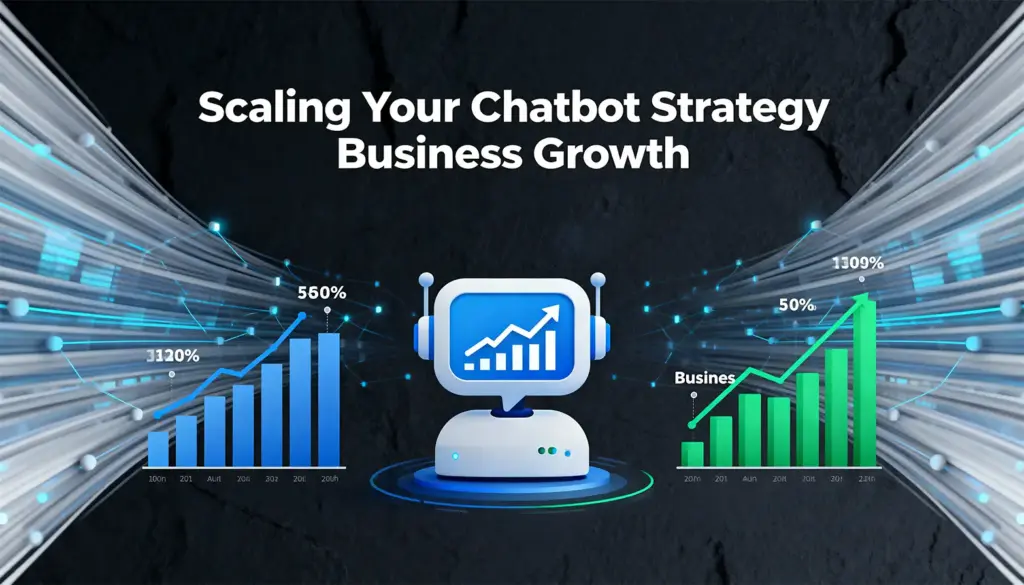 AI chatbots driving business growth with rising analytics charts in a scalable chatbot strategy illustration.