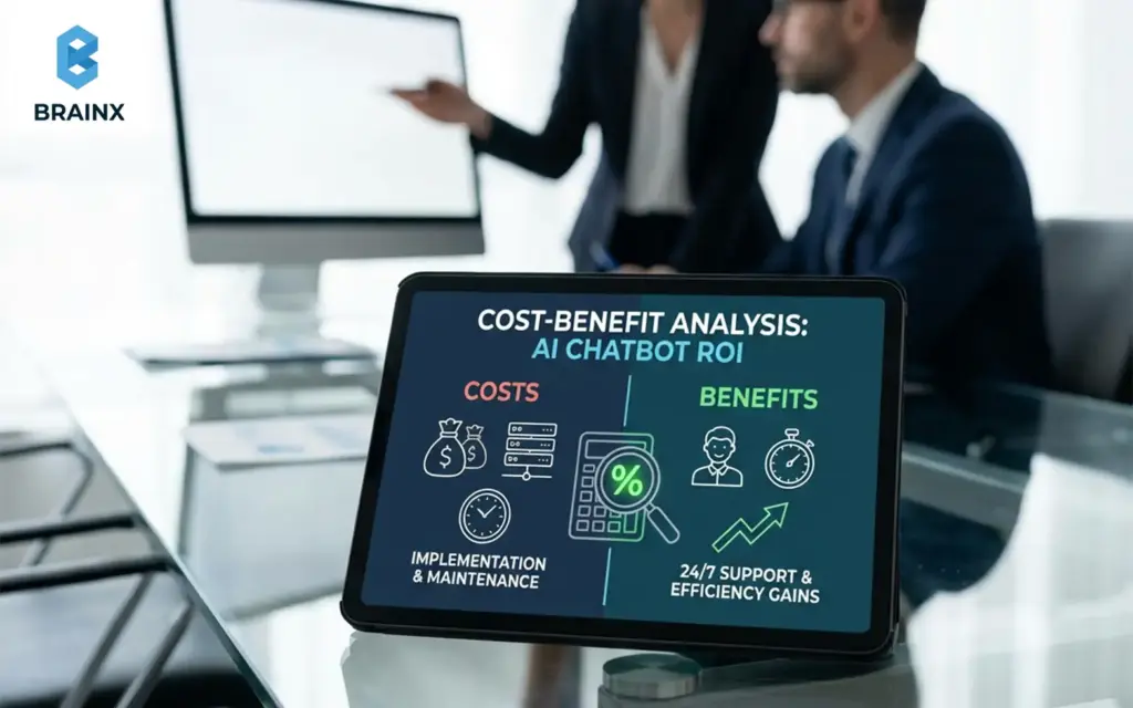 Cost-benefit analysis of an AI customer support chatbot showing reduced costs, efficiency gains, and improved support ROI.
