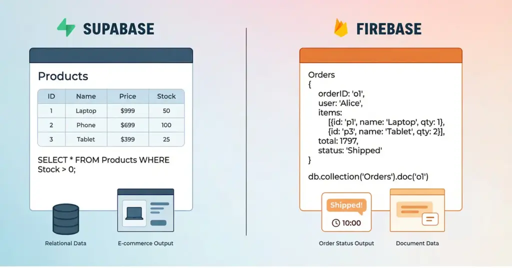Supabase SQL table vs Firebase NoSQL document example showing relational rows and JSON fields.