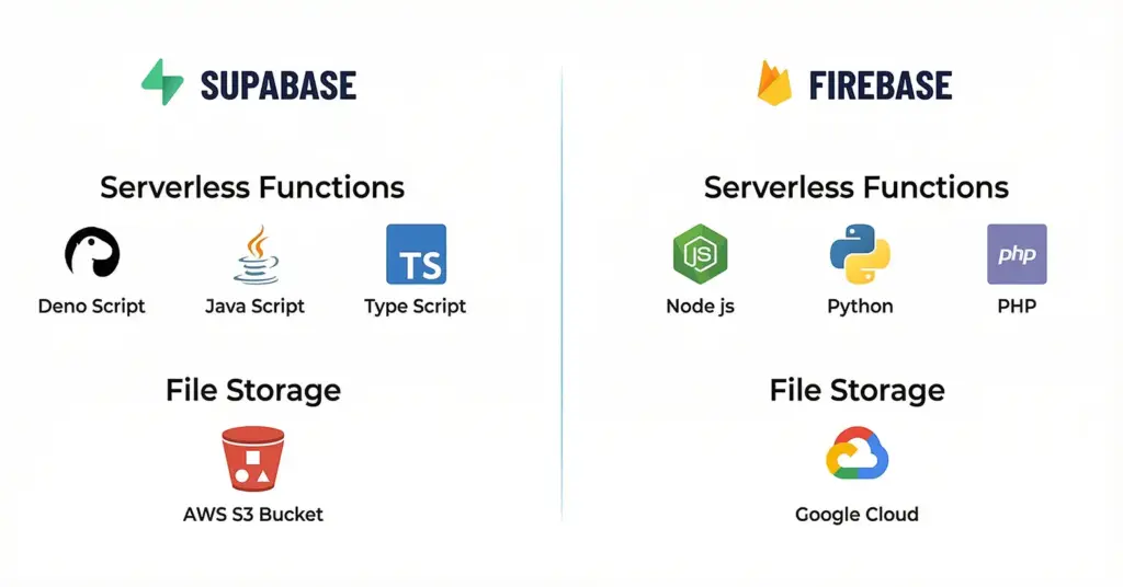 Supabase vs Firebase overview of serverless functions and file storage options in a side-by-side graphic.