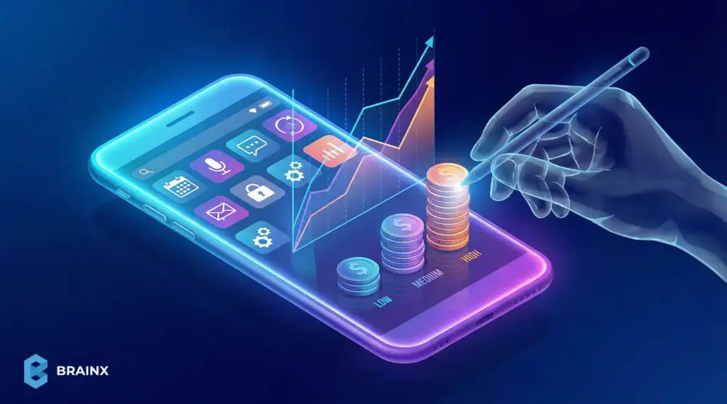 Smartphone with coins and rising chart showing AI personal assistant app development cost.