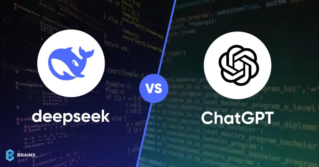 DeepSeek and ChatGPT logos facing off in AI development comparison with code background.