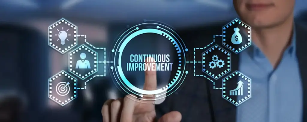 Business professional selecting continuous improvement interface for web app maintenance and updates.