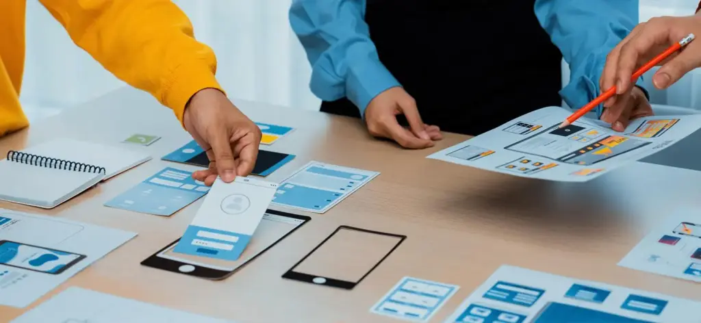 Team reviewing mobile app wireframes and UI layout prototypes on a desk.