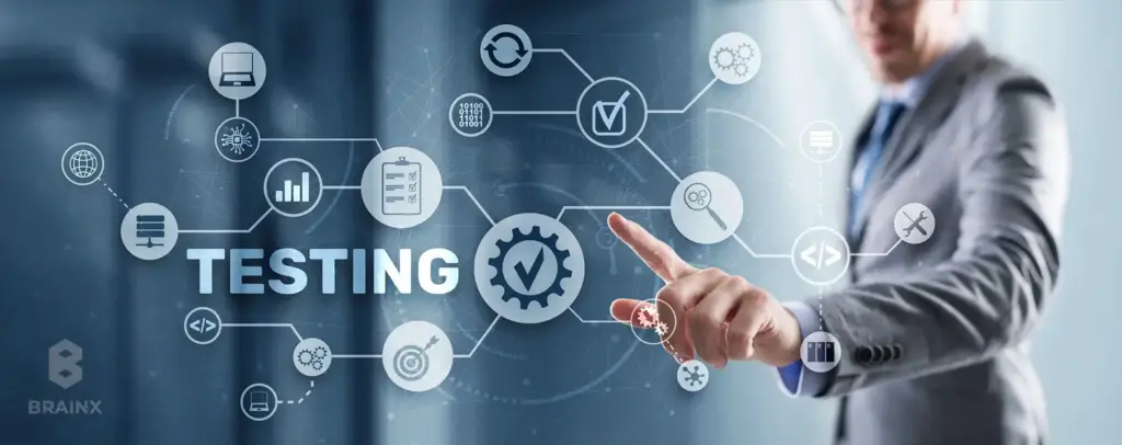 Professional interacting with digital testing interface for web app QA and performance checks.