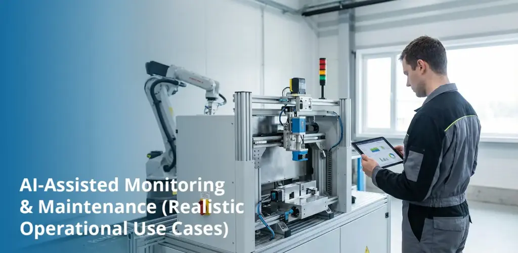 Engineer monitoring industrial machine with tablet for AI-assisted maintenance in a manufacturing facility.