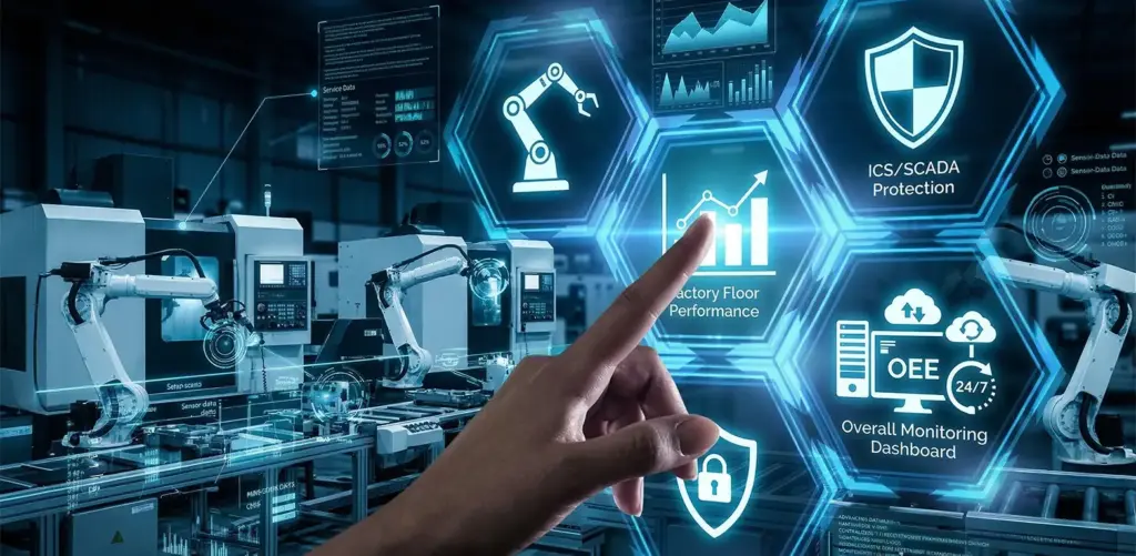 Smart factory dashboard showing security, uptime, and monitoring benefits of manufacturing IT services.