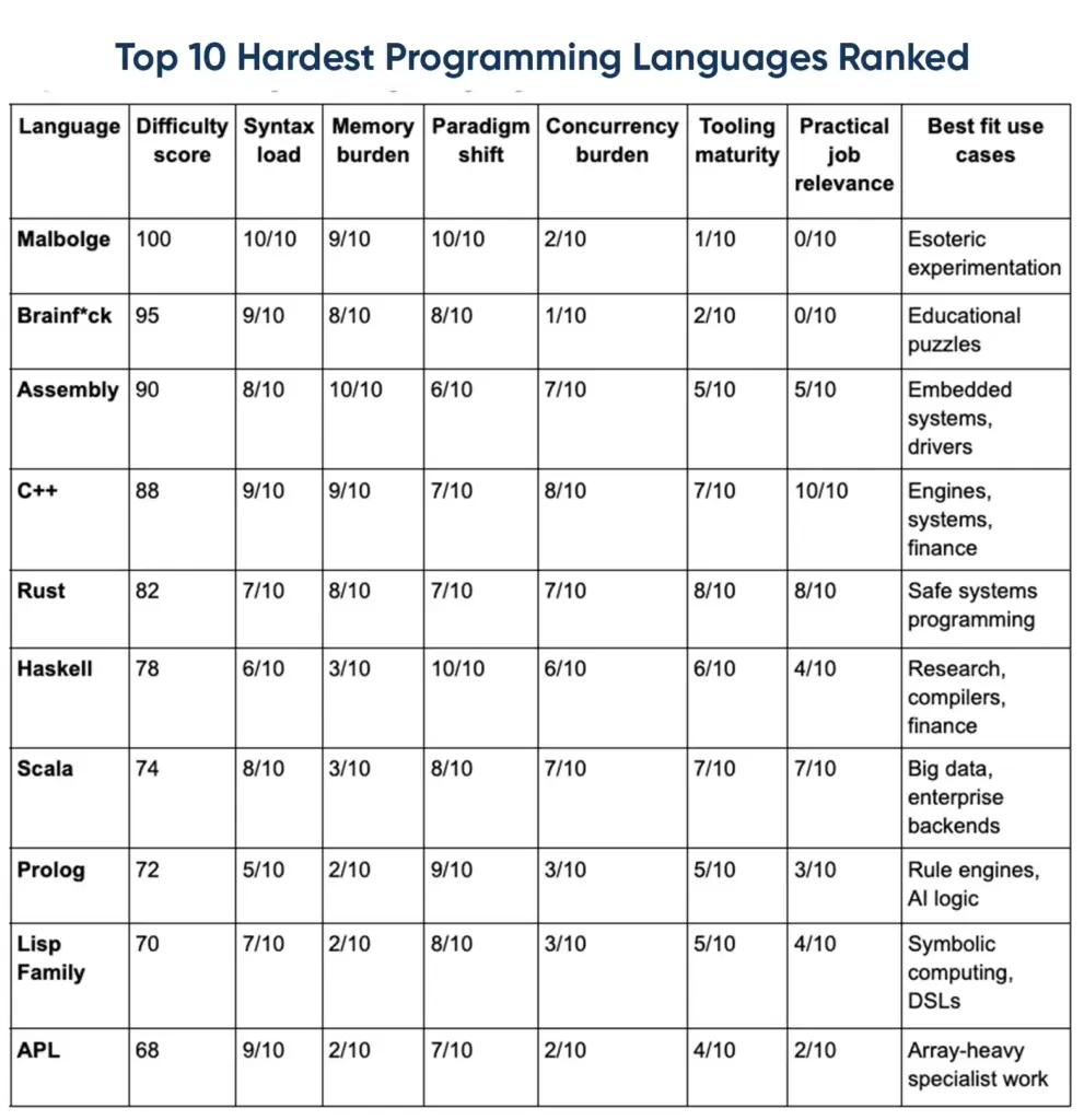 Ranking table of hardest programming languages including Malbolge, Brainf*ck, Assembly, C++, Rust, and Haskell with difficulty scores.