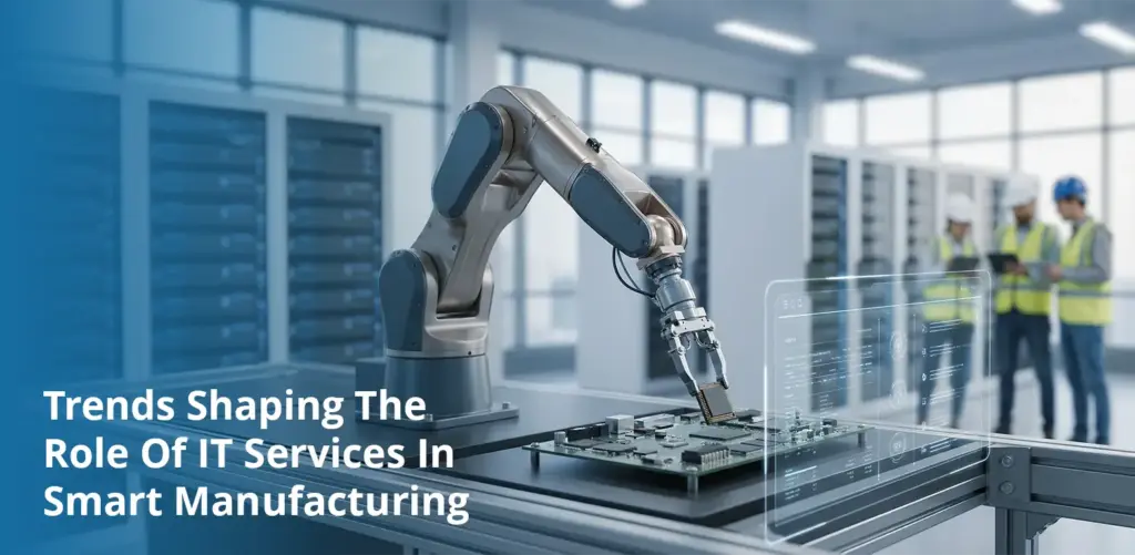 Robotic arm operating on a smart factory floor with technicians monitoring connected manufacturing systems.