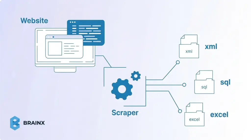 Diagram showing a scraper extracting website data into XML, SQL, and Excel formats.