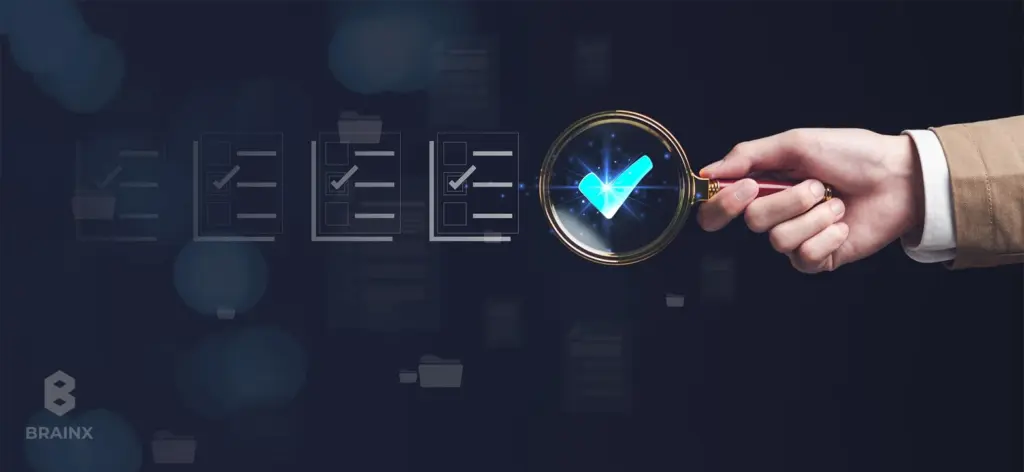 Magnifying glass highlighting a check mark over a digital checklist.