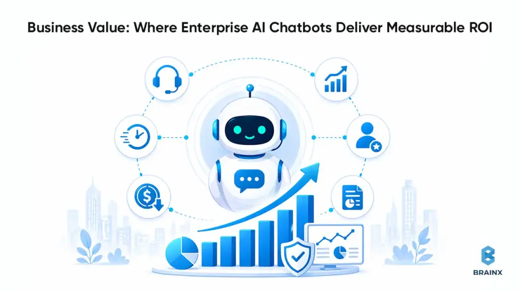 Enterprise AI assistant dashboard showing automation metrics, support performance, and measurable business ROI growth.