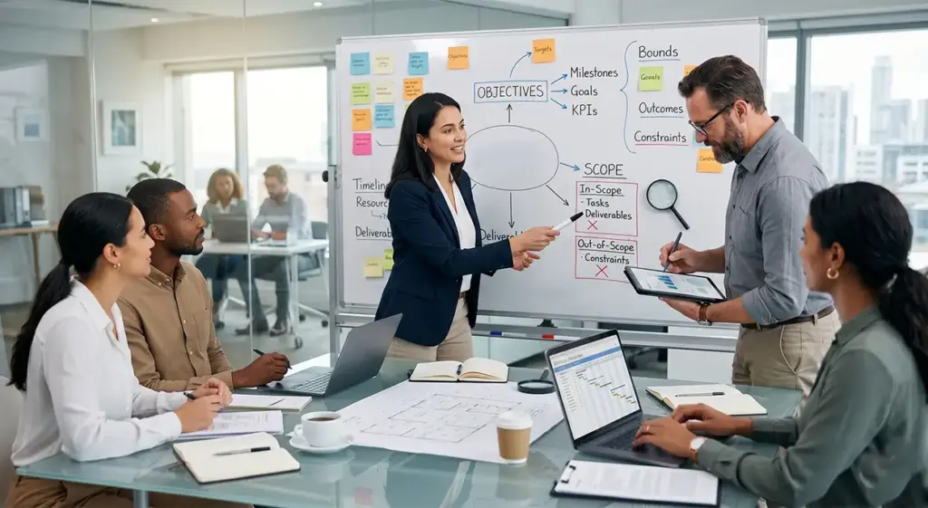 Product team planning project scope and developer roles around a whiteboard in a strategy meeting.