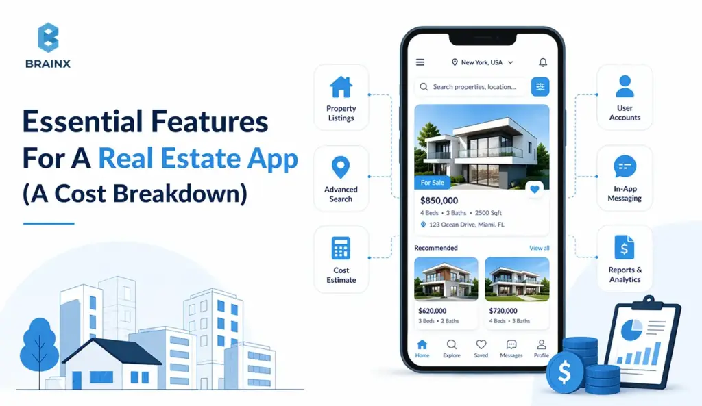 Mobile interface showing search, maps, alerts, and admin tools in a real estate mobile app development cost feature breakdown.
