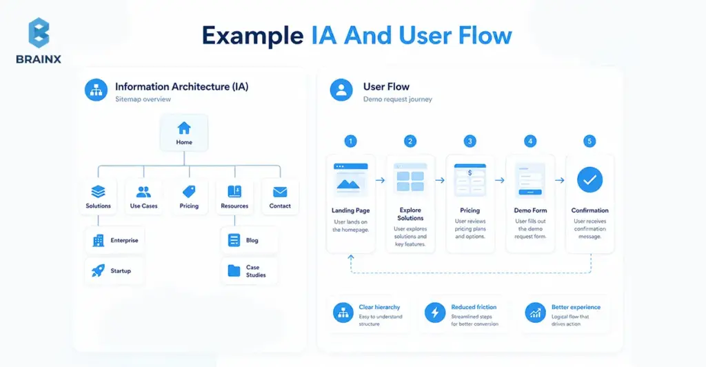 UX architecture diagram showing information architecture and user flow from sitemap to conversion journey.