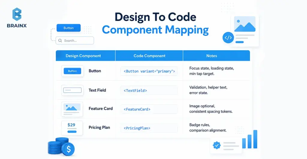 Design to code component mapping table showing UI elements, code components, and usage rules.