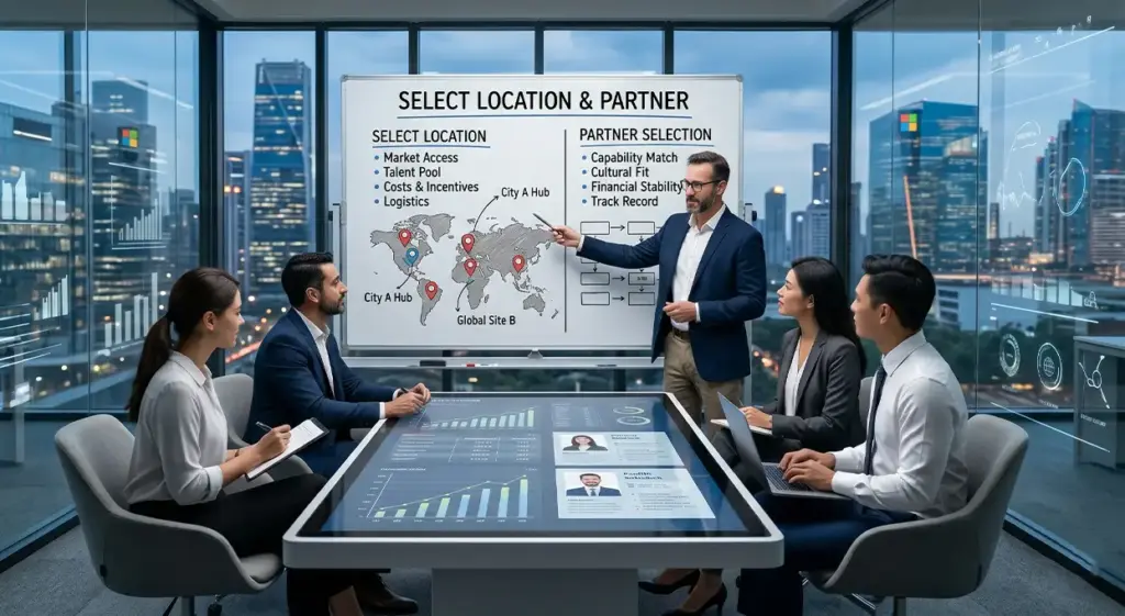 Business team reviewing global vendor options and hiring regions for an offshore development team.