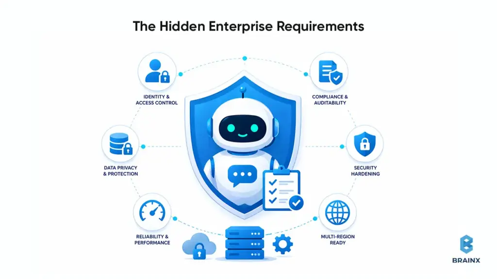 Enterprise AI governance diagram showing chatbot security, access control, audit logs, and monitoring requirements.