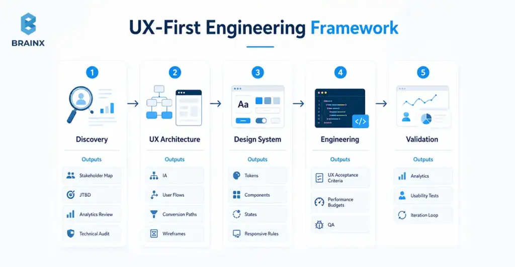 UX-first engineering framework showing discovery, architecture, design system, engineering, and validation steps.