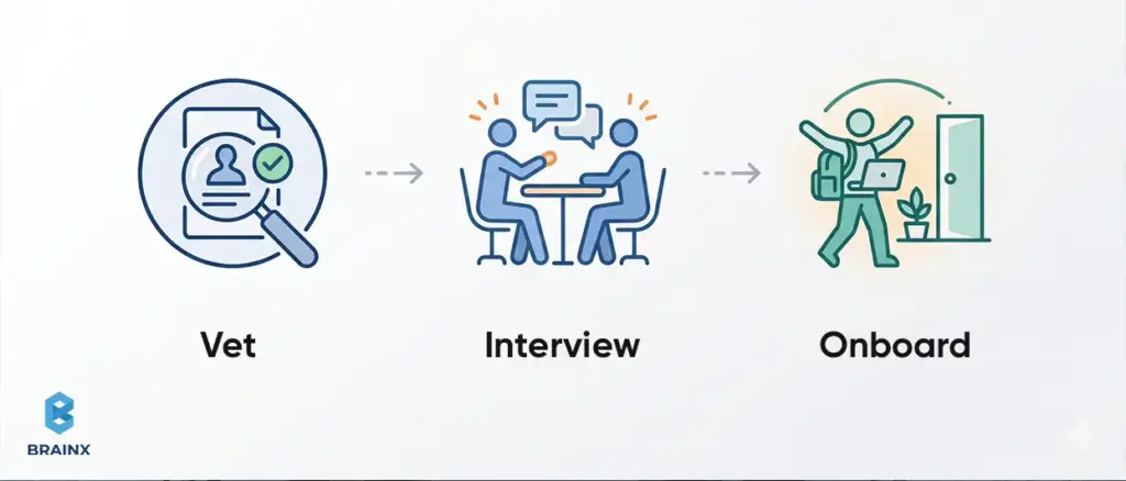 Illustration of developer vetting, interview, and onboarding steps for building a software team.