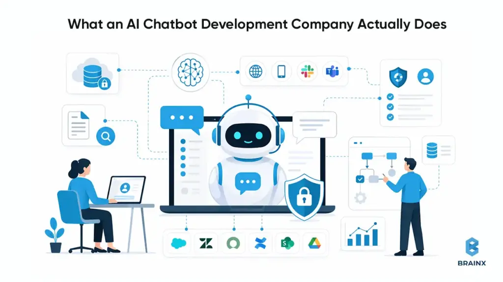 Enterprise AI assistant architecture showing chatbot integrations, security controls, analytics, and workflow automation.